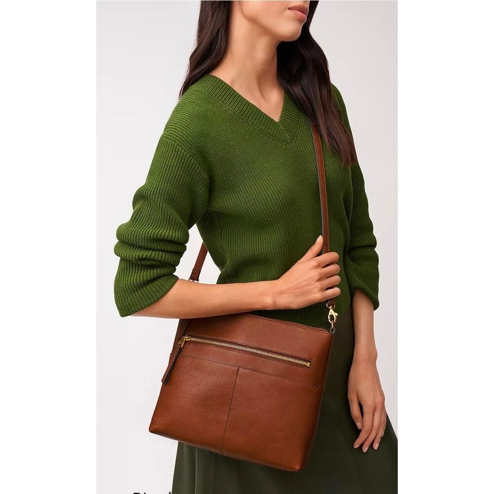 Fossil Fiona Large Crossbody Pebbled Leather Purse Black Gold Detachable Strap